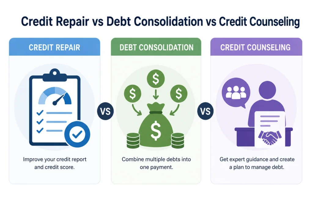 Credit Repair vs Debt Consolidation vs Credit Counseling